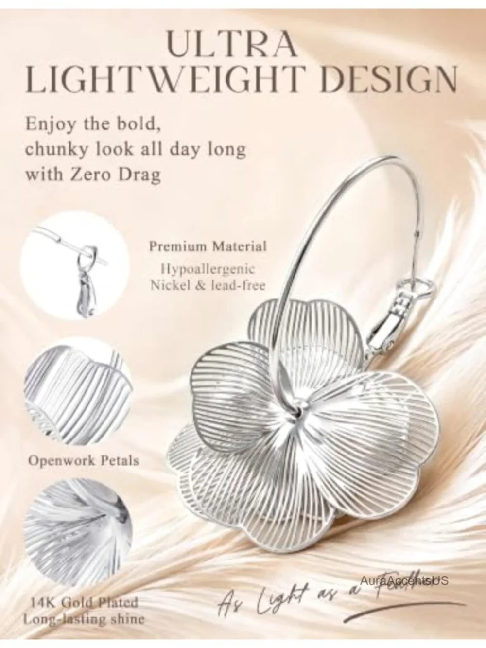 Silver Flower Dangle Drop Earrings Hypoallergenic Lightweight Statement Jewelry